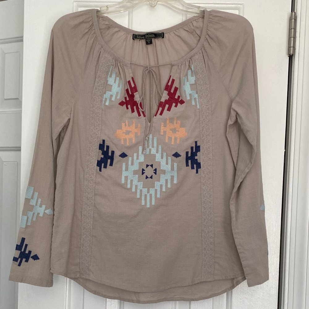 Love Stitch Beige Blouse with Colorful Embroidery